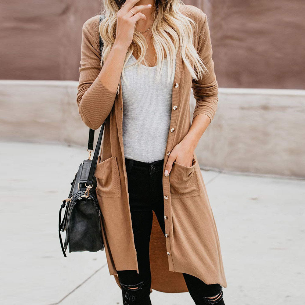 Damen langer Cardigan mit Knopfleiste und Taschen Drune