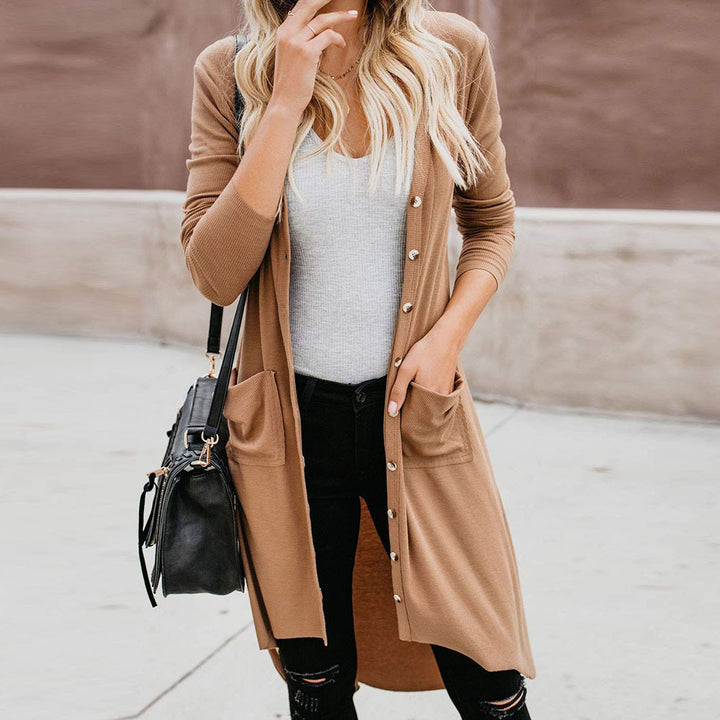 Damen langer Cardigan mit Knopfleiste und Taschen Drune
