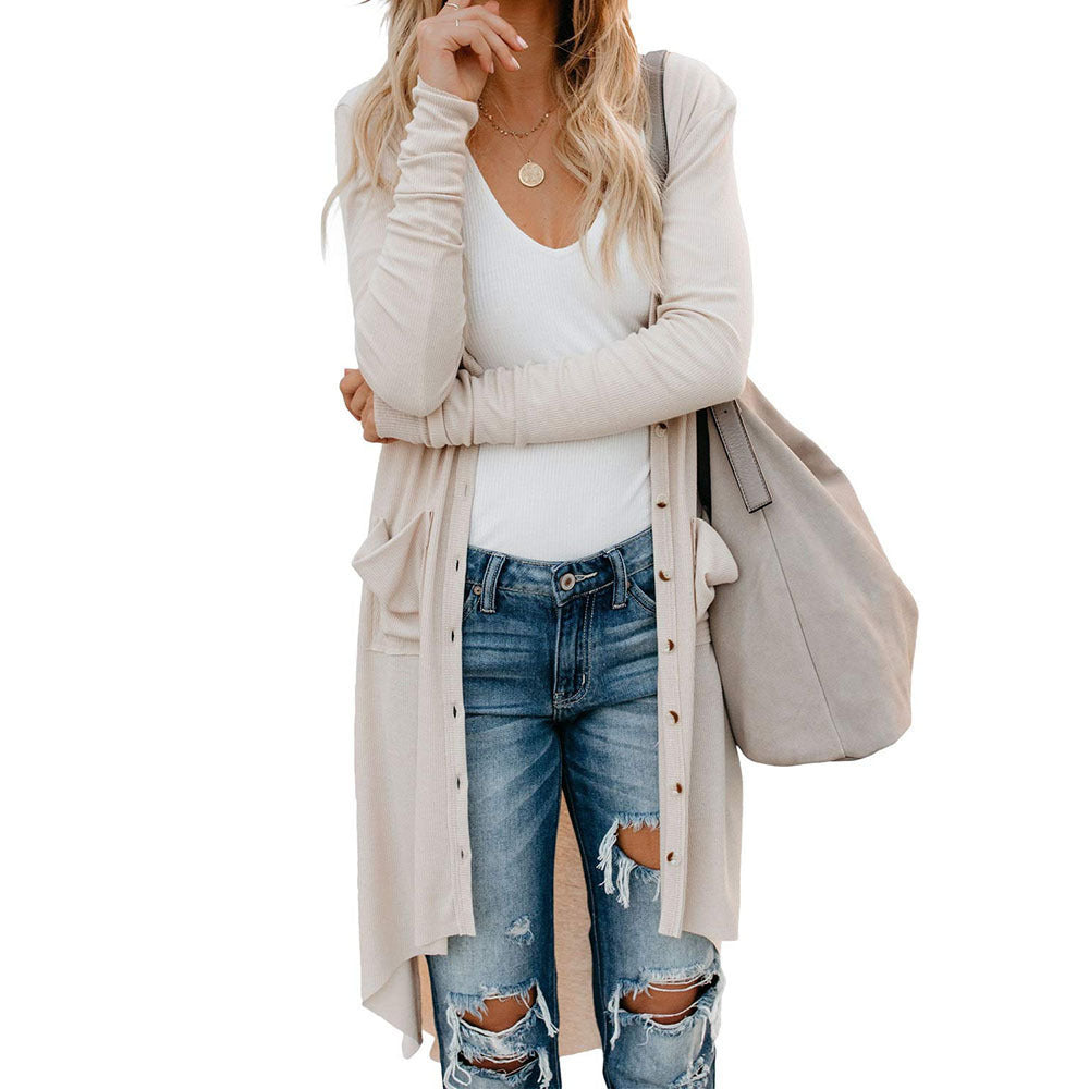 Damen langer Cardigan mit Knopfleiste und Taschen Drune