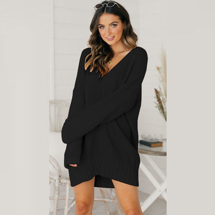 Damen Grobstrick Pulloverkleid mit V-Ausschnitt und lässigem Schnitt Drune