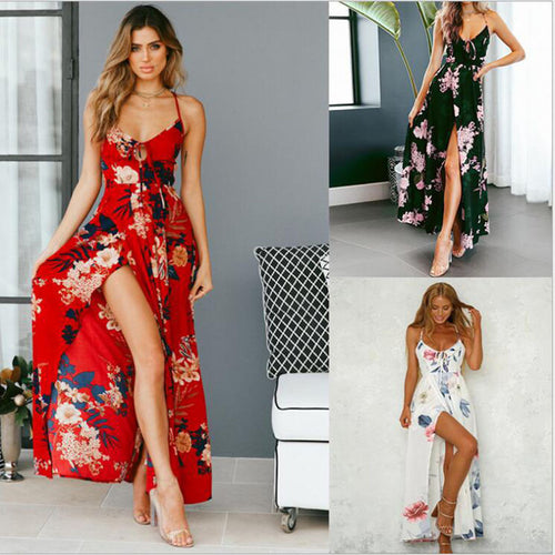Damen Maxi-Kleid mit floralem Muster und verführerischem Schlitz Drune