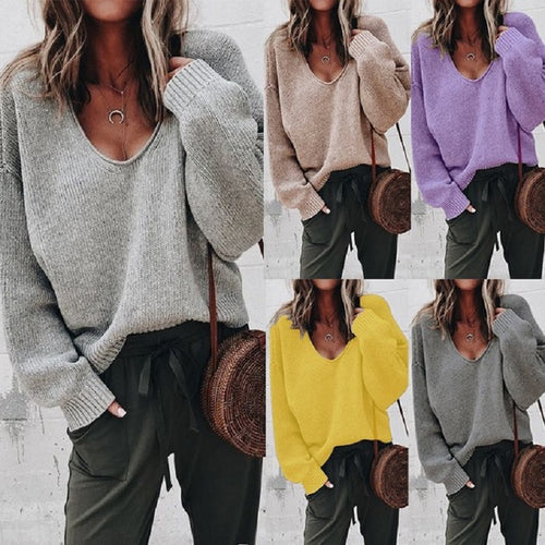 Damen V-Ausschnitt Grobstrickpullover mit überschnittenen Schultern Drune