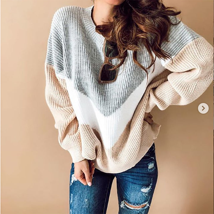 Damen Grobstrickpullover mit V-förmigem Farbdesign Drune
