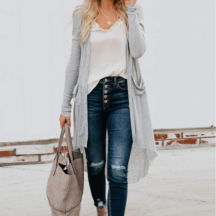 Damen langer Cardigan mit Knopfleiste und Taschen Drune