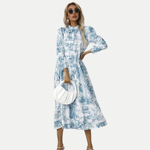Drune | Toile-Druck Midi-Kleid mit hohem Kragen