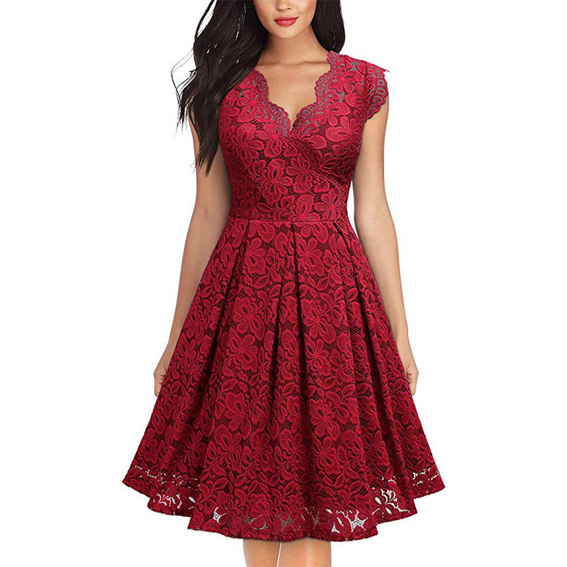 Damen Spitzenkleid mit V-Ausschnitt und ausgestelltem Rock Drune