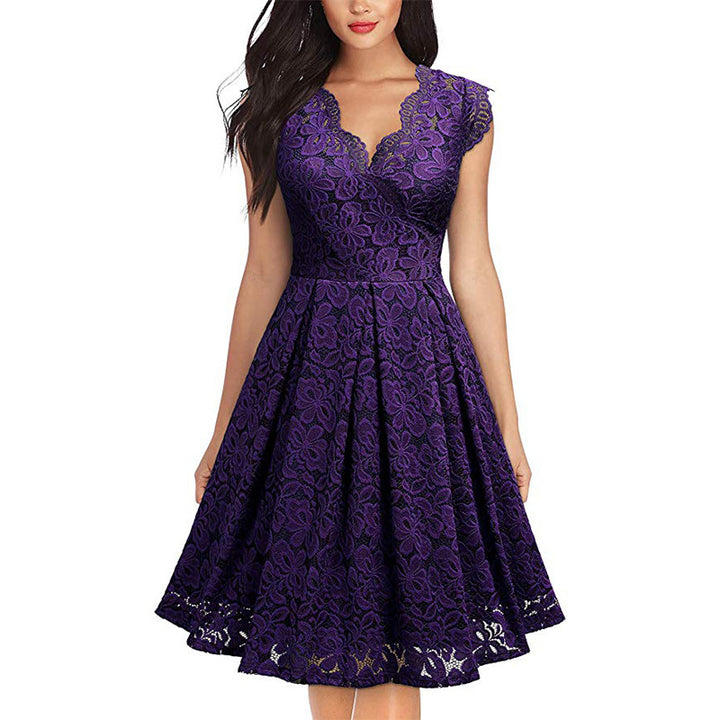 Damen Spitzenkleid mit V-Ausschnitt und ausgestelltem Rock Drune