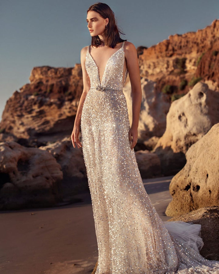 Drune | V-Ausschnitt Ärmelloses Taillensammlungs Silber Paillette Slip Dress