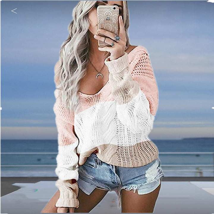 Damen luftiger Strickpullover mit tiefem V-Ausschnitt und modischem Häkelmuster Drune