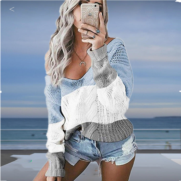 Damen luftiger Strickpullover mit tiefem V-Ausschnitt und modischem Häkelmuster Drune