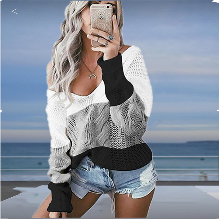 Damen luftiger Strickpullover mit tiefem V-Ausschnitt und modischem Häkelmuster Drune