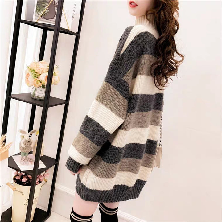 Damen lässiger Grobstrickpullover mit hohem Kragen Drune