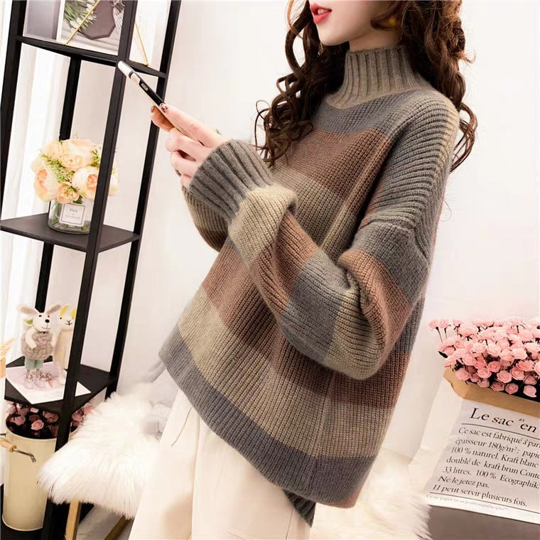 Damen lässiger Grobstrickpullover mit hohem Kragen Drune