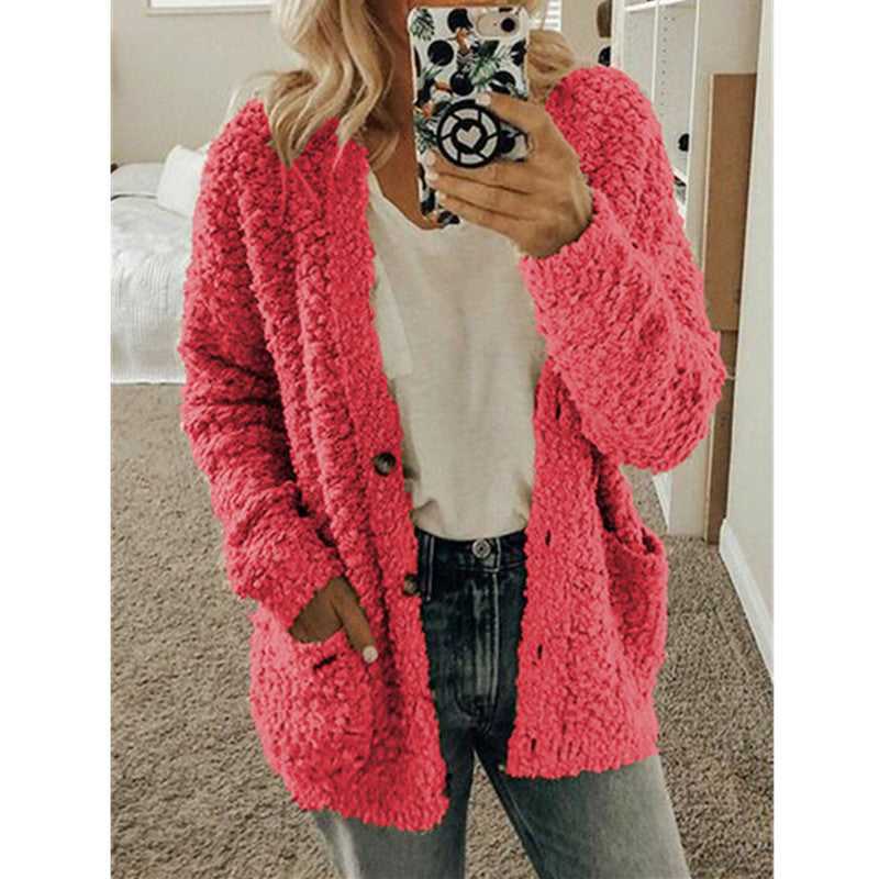 Damen nan locker geschnittener Teddy-Flausch-Cardigan mit dezenter Knopfleiste und aufgesetzten Eingrifftaschen Drune