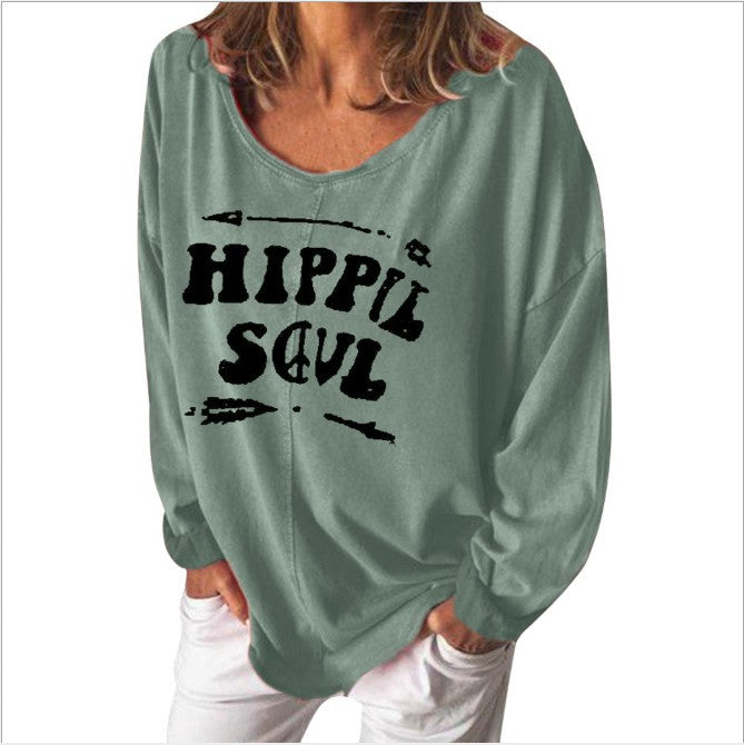 Damen lässiges Sweatshirt mit Hippie-Print und weitem Schnitt Drune