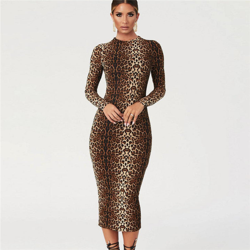 Damen Figurbetontes Leopardmuster Kleid mit langen Ärmeln Drune