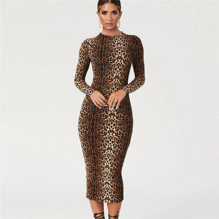Damen Figurbetontes Leopardmuster Kleid mit langen Ärmeln Drune