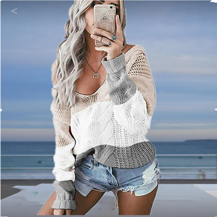 Damen luftiger Strickpullover mit tiefem V-Ausschnitt und modischem Häkelmuster Drune