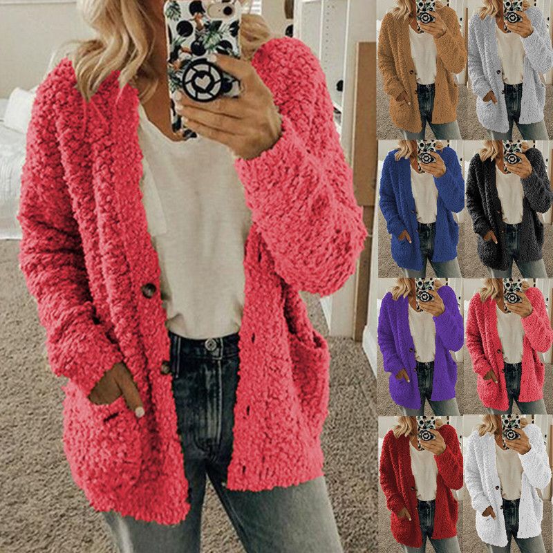 Damen nan locker geschnittener Teddy-Flausch-Cardigan mit dezenter Knopfleiste und aufgesetzten Eingrifftaschen Drune