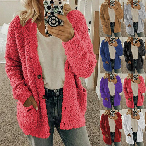 Damen nan locker geschnittener Teddy-Flausch-Cardigan mit dezenter Knopfleiste und aufgesetzten Eingrifftaschen Drune