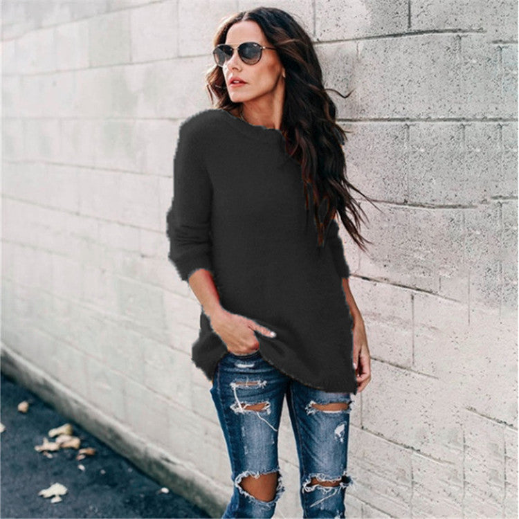 Damen nan kuscheliger Oversize-Strickpullover mit Rundhalsausschnitt Hoch-Tief-Saum und Seitenschlitzen Drune