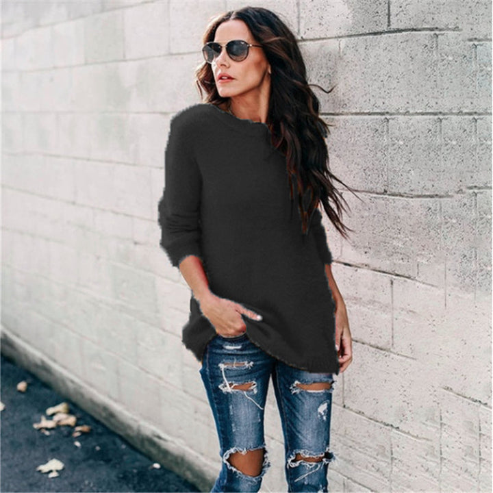 Damen nan kuscheliger Oversize-Strickpullover mit Rundhalsausschnitt Hoch-Tief-Saum und Seitenschlitzen Drune