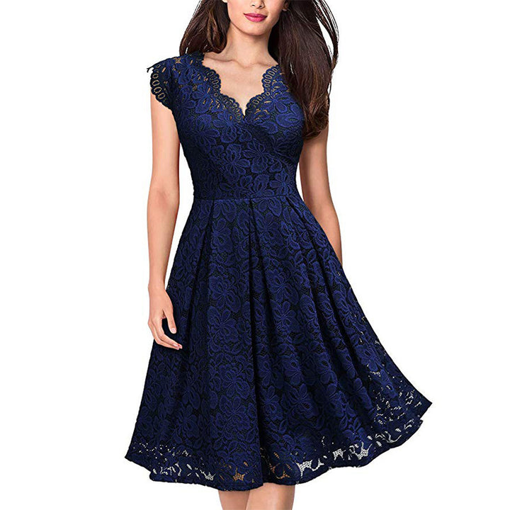 Damen Spitzenkleid mit V-Ausschnitt und ausgestelltem Rock Drune