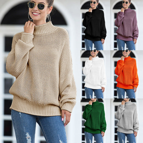 Damen Grobstrickpullover mit hohem Kragen und weiten Ärmeln Drune