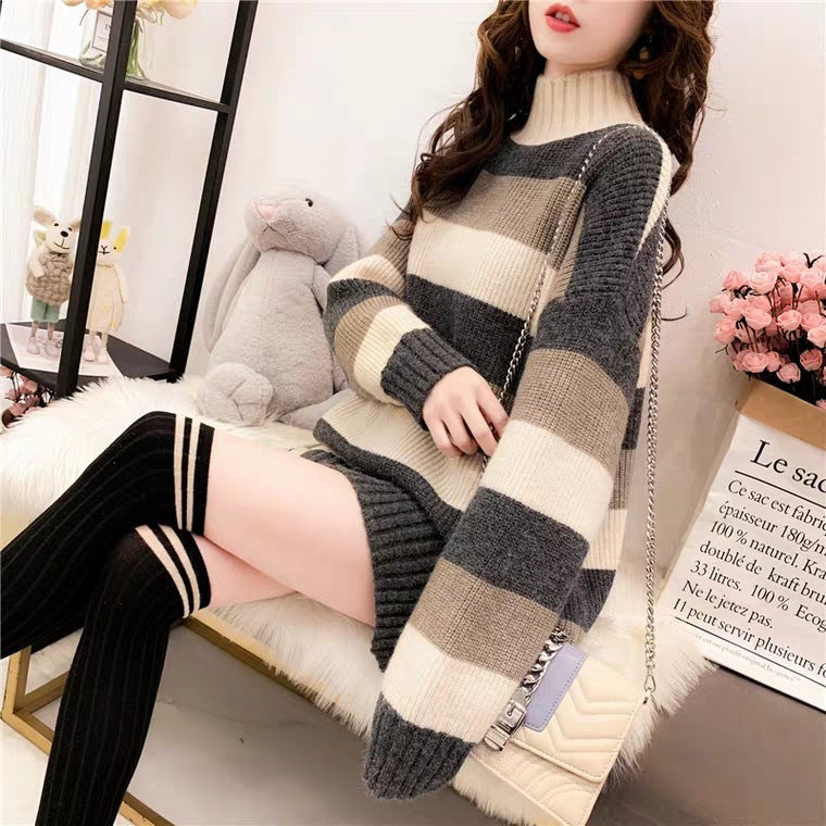 Damen lässiger Grobstrickpullover mit hohem Kragen Drune