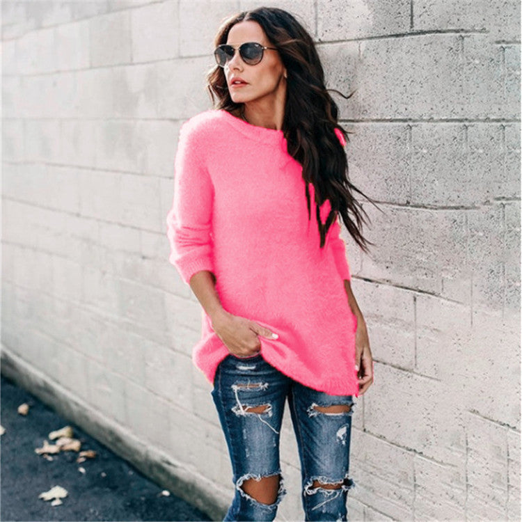 Damen nan kuscheliger Oversize-Strickpullover mit Rundhalsausschnitt Hoch-Tief-Saum und Seitenschlitzen Drune
