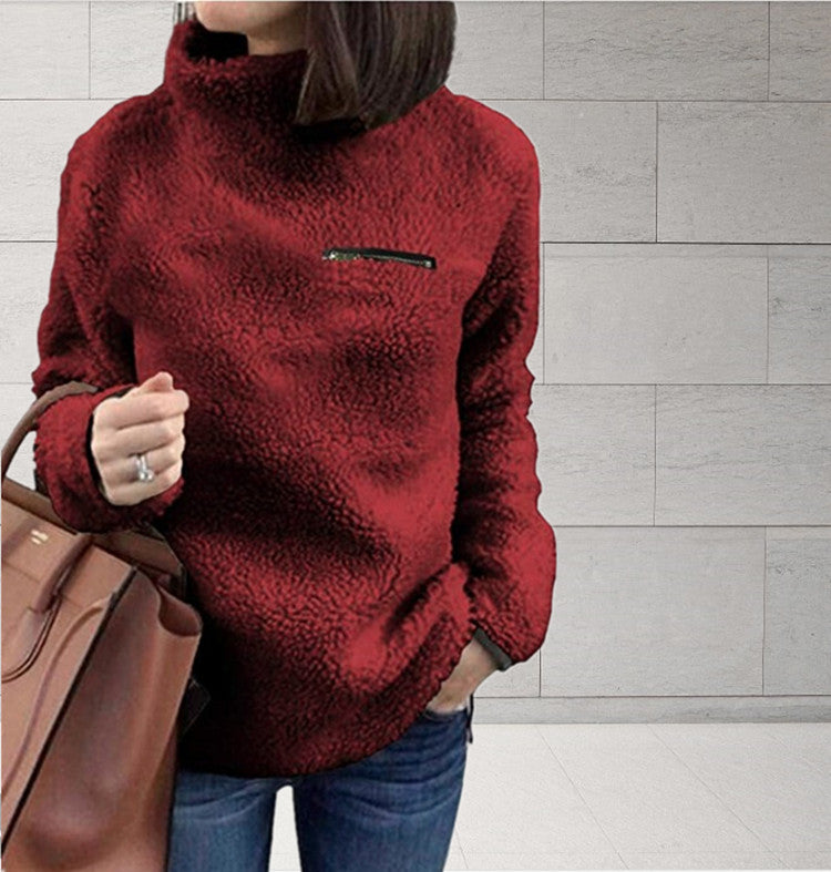 Damen nan kuscheliger Teddy-Fleecepullover mit Stehkragen und Brustreißverschluss Drune
