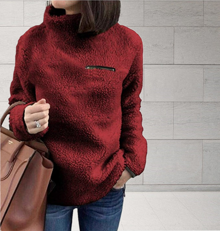 Damen nan kuscheliger Teddy-Fleecepullover mit Stehkragen und Brustreißverschluss Drune