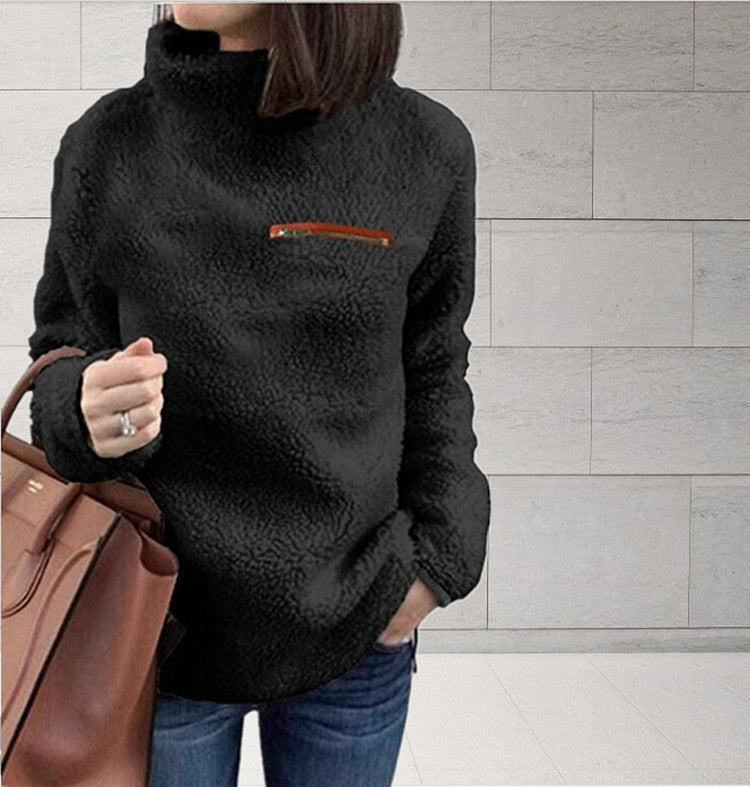 Damen nan kuscheliger Teddy-Fleecepullover mit Stehkragen und Brustreißverschluss Drune