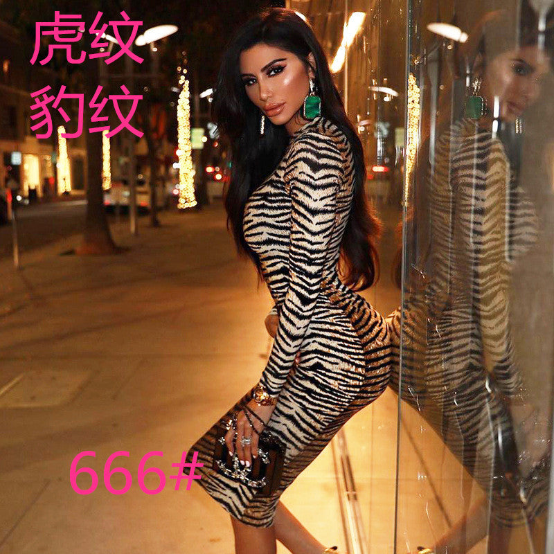 Damen Figurbetontes Leopardmuster Kleid mit langen Ärmeln Drune