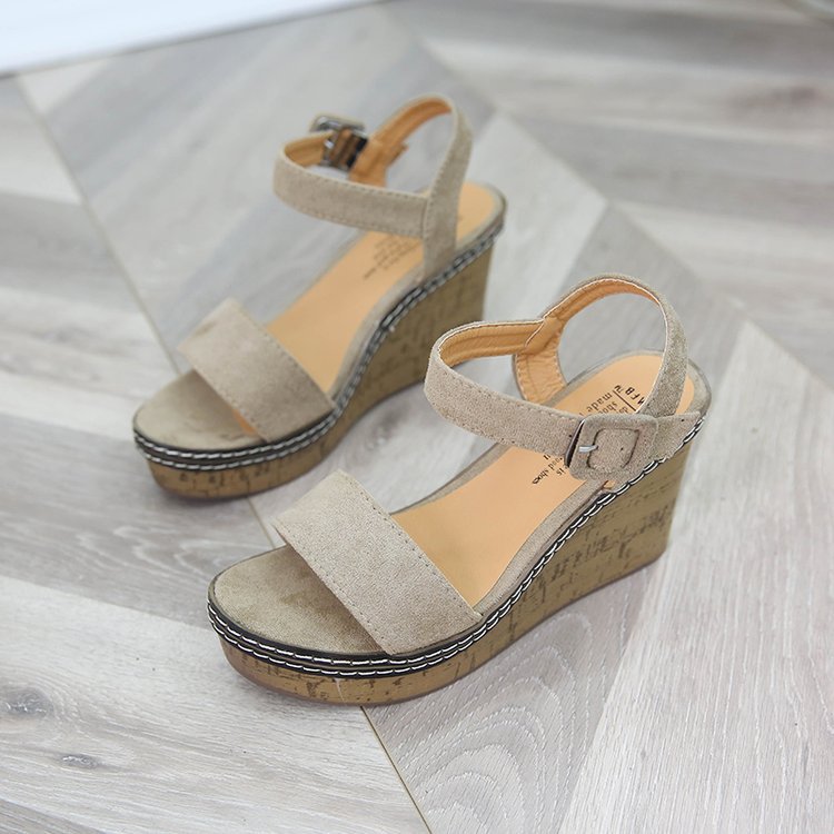 Damen nan Keilabsatzsandalen mit Korkplateau, verstellbarem Schnallenriemen und gekreuzten Wildlederriemen Drune