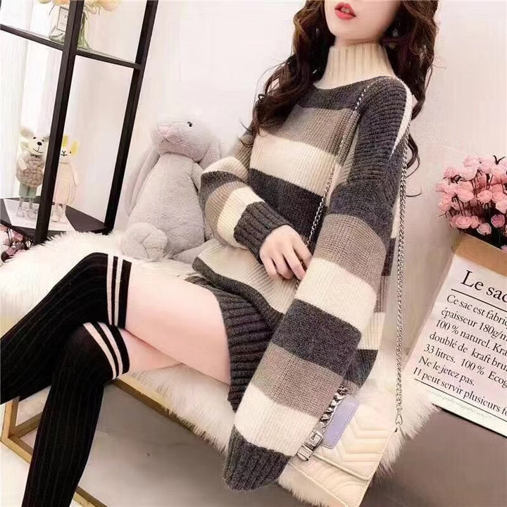 Damen lässiger Grobstrickpullover mit hohem Kragen Drune