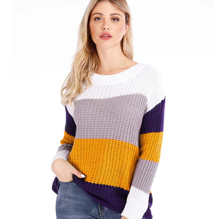 Damen Freizeit-Strickpullover mit modernem Blockstreifenmuster und Rundhalsausschnitt Drune