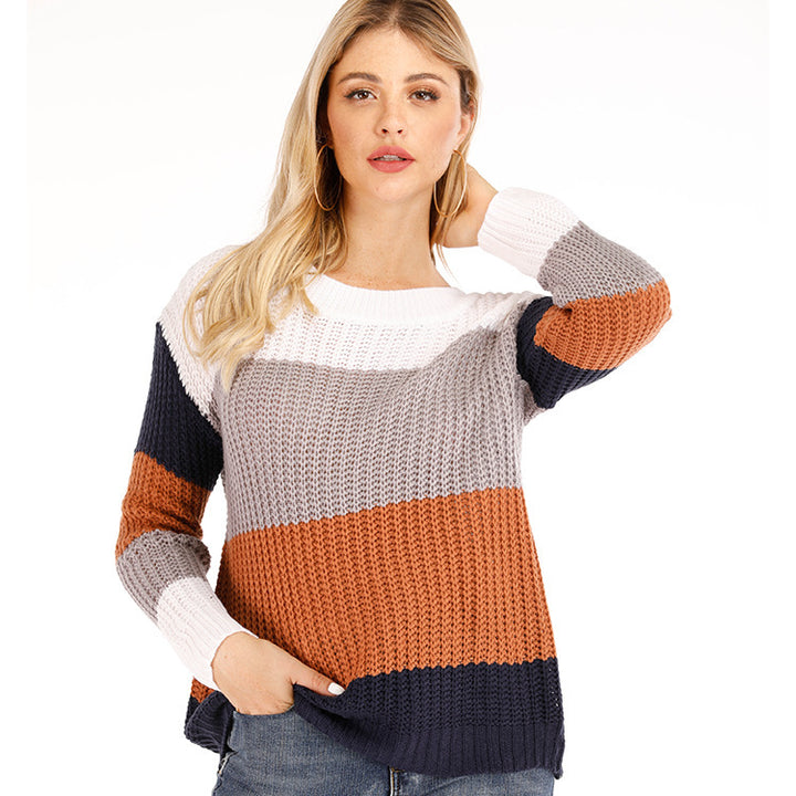 Damen Freizeit-Strickpullover mit modernem Blockstreifenmuster und Rundhalsausschnitt Drune