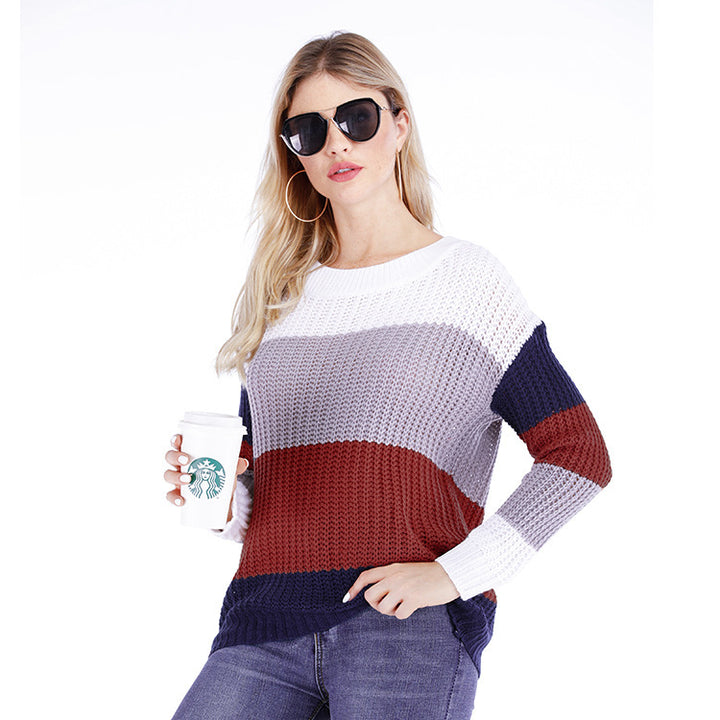 Damen Freizeit-Strickpullover mit modernem Blockstreifenmuster und Rundhalsausschnitt Drune