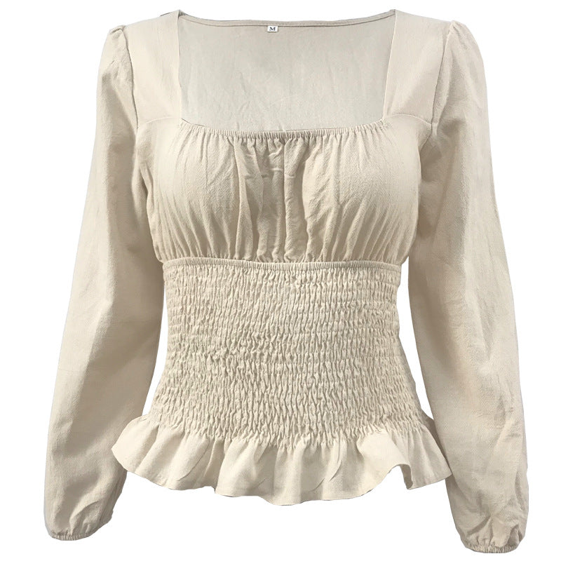 Damen Bluse mit elastischem Rüschensaum und langen Ärmeln Drune