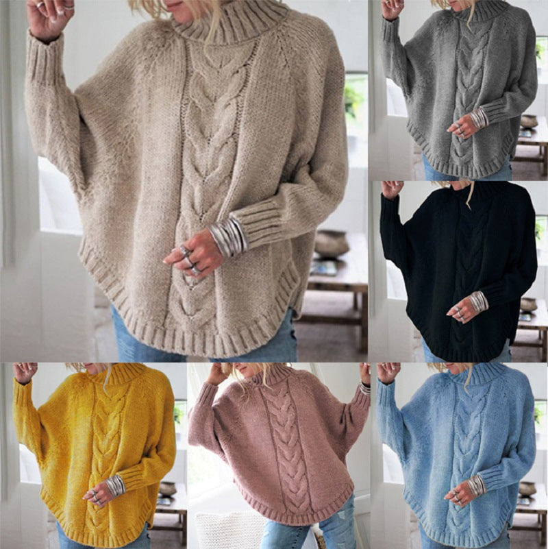 Damen Grobstrick Pullover mit hohem Kragen und dekorativem Zopfmuster Drune