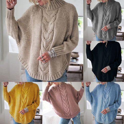 Damen Grobstrick Pullover mit hohem Kragen und dekorativem Zopfmuster Drune