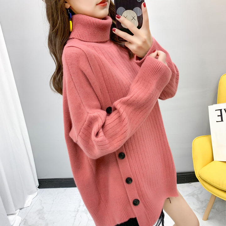 Damen Eleganter Rollkragenpullover mit Knopfleiste Drune