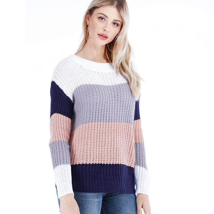 Damen Freizeit-Strickpullover mit modernem Blockstreifenmuster und Rundhalsausschnitt Drune