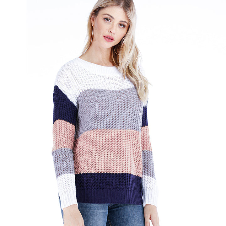 Damen Freizeit-Strickpullover mit modernem Blockstreifenmuster und Rundhalsausschnitt Drune