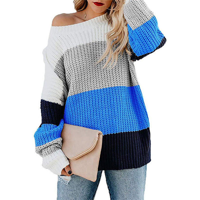 Damen Freizeit-Strickpullover mit modernem Blockstreifenmuster und Rundhalsausschnitt Drune
