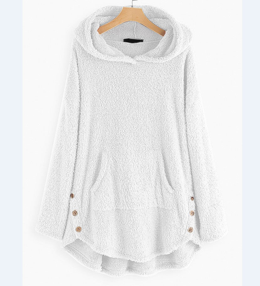 Damen nan kuscheliger Teddy-Kapuzenpullover mit Kängurutasche, Knopfleiste an den Seiten und abgerundetem Saum Drune