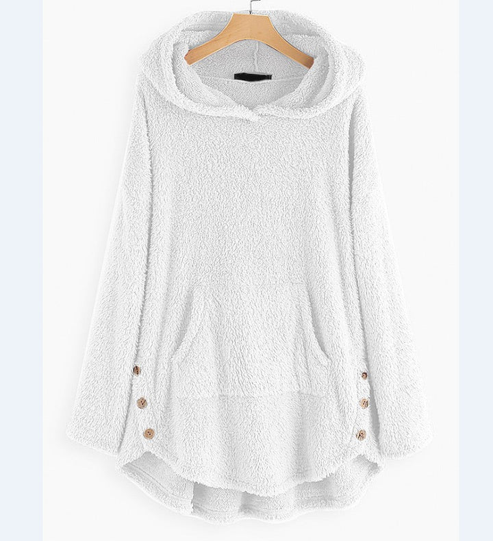Damen nan kuscheliger Teddy-Kapuzenpullover mit Kängurutasche, Knopfleiste an den Seiten und abgerundetem Saum Drune