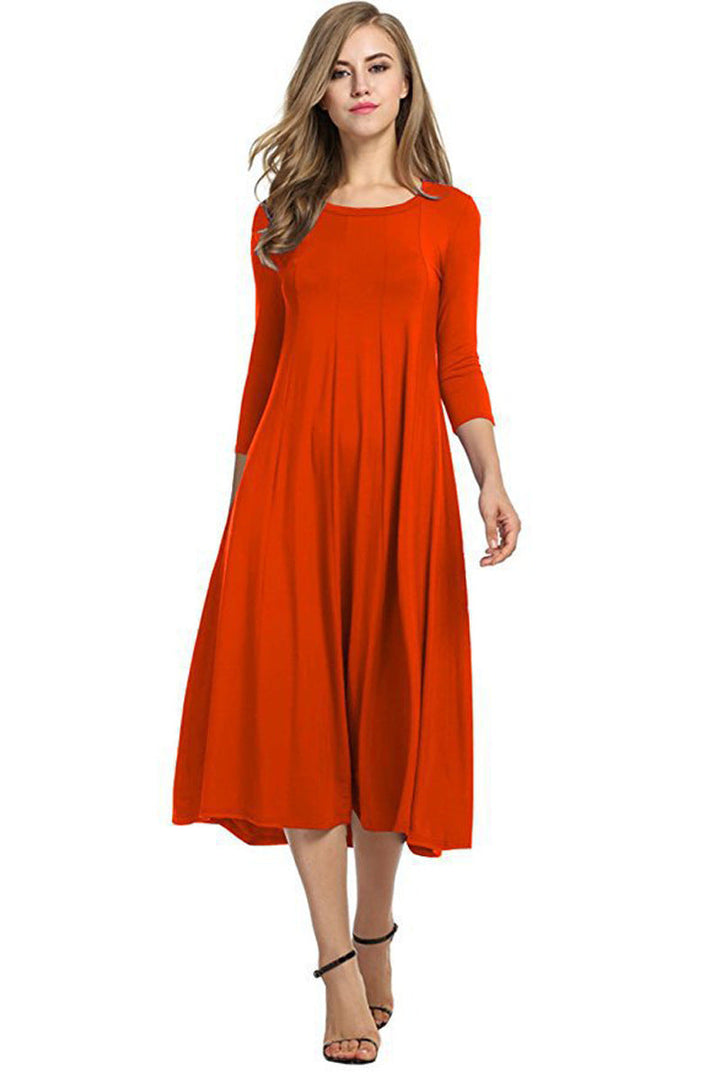 Drune | Quadrat-Ausschnitt 3/4-Lange Uni-Farbe Midi-Kleid