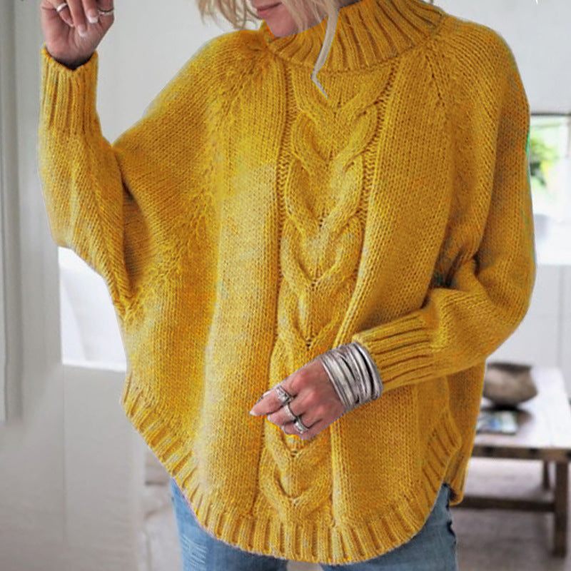 Damen Grobstrick Pullover mit hohem Kragen und dekorativem Zopfmuster Drune